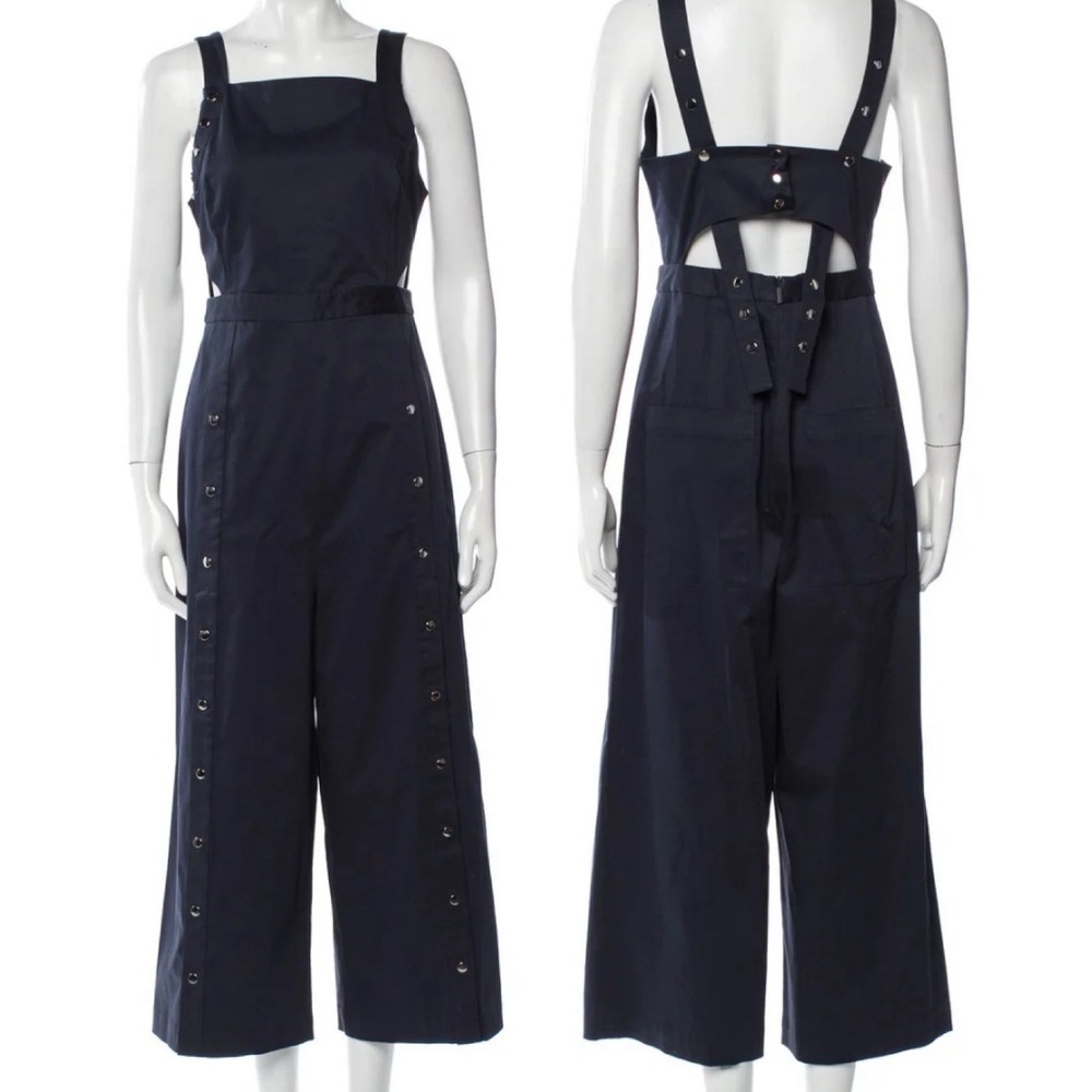 Tibi Blue Sleeveless Side Cut Outs Cropped Wideleg Jumpsuit Silver Snaps Artsy 2